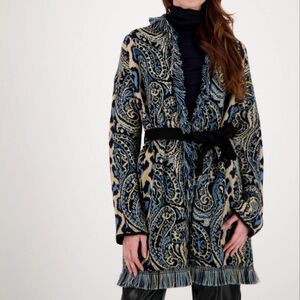 NWT Paisley Boho Fringe Open Front Knit Cardigan with Tie
